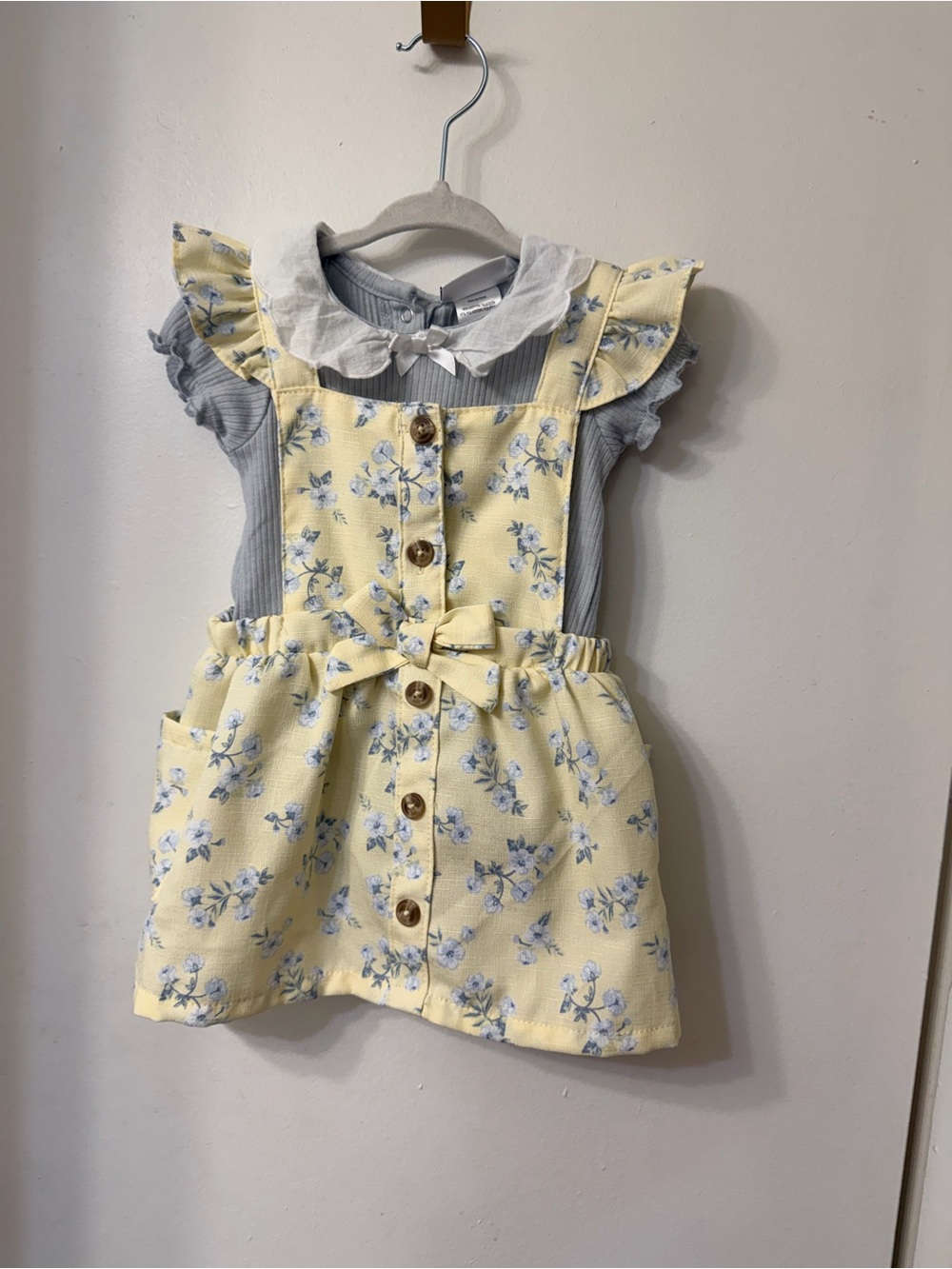 Yellow Floral Baby Suspender Dress with Bow